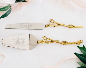 Personalized Wedding Gold Leaf Cake Knife and Server Set - (2pc) Custom Engraved Rustic Gold Cake Knife and Server, Cake Cutting Ceremony