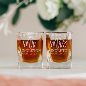 Personalized Couples Wedding Shot Glasses (Set of TWO) Custom Engraved Square Shot Glass, Custom Shot Glass, Wedding Favor Glass