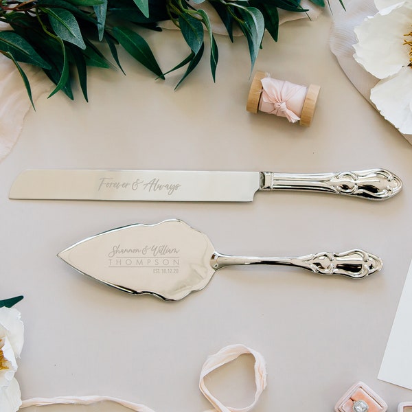Personalized Silver Wedding Cake Knife and Server Set (2pc) Engraved Classic Silver Serving Set, Custom Wedding Gift, Engagement Gift