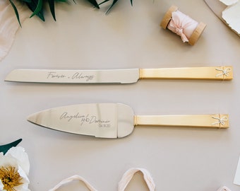 Personalized Vera Wang Love Knots Gold Wedding Cake Knife and Server Set (2 PC) Custom Engraved Dessert Set, Wedding Gift, Anniversary Set