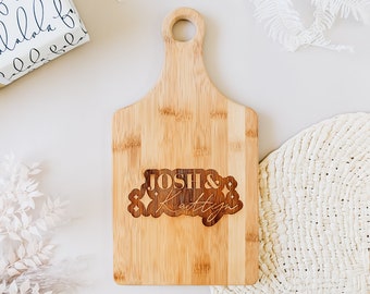 Sparkle Personalized Couples Handled Wood Cutting Board - 13x7 Laser Engraved Bamboo Cheese Board, Wedding Gift, 2020 First Christmas Gift