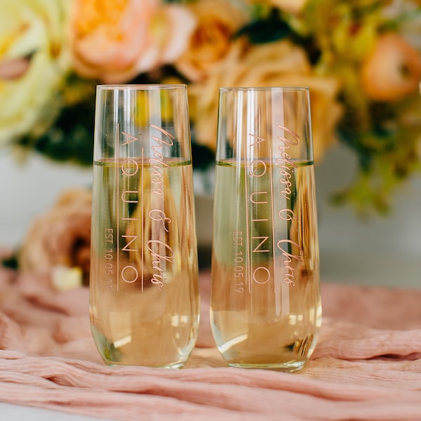 Custom Stemless Wedding Toasting Flutes (Set of TWO) Engraved Personalized Champagne Flutes, Bride & Groom Gift, Sweetheart Table Decor