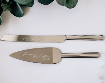 Personalized Gold Ring Wedding Cake Knife and Server Set (2 PC) Custom Engraved Silver Cake Server and Knife Set, Wedding Gift Cake Cutter