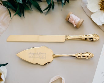 Personalized Gold Wedding Cake Knife and Server Set (2pc) Custom Engraved Classic Gold Cake Serving Set, Personalized Wedding Gift