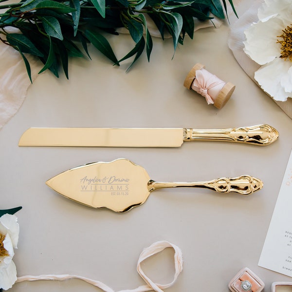 Personalized Gold Wedding Cake Knife and Server Set (2pc) Custom Engraved Classic Gold Cake Serving Set, Personalized Wedding Gift