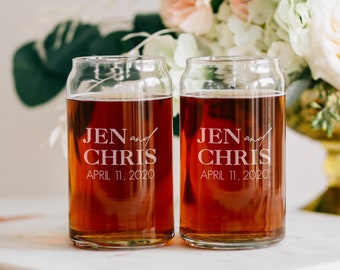 Personalized Beer Can Glass Wedding Gift (Set of TWO) Custom Engraved Wedding Glasses, Anniversary Gift, Couples Gift, Bride and Groom Gift