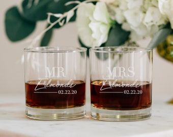 Personalized Couples Whiskey Glasses (Set of TWO) Custom Engraved Scotch Glasses, Etched Wedding Glasses, DOF Glass Couples Engagement Gift