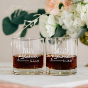 Personalized Couples Whiskey Glasses (Set of TWO) Custom Engraved Scotch Glasses, Etched Wedding Glasses, DOF Glass Couples Engagement Gift