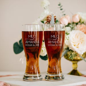 Personalized Couples Wedding Beer Glasses Set of TWO Pair Custom Engraved Hourglass Beer Pilsners, Engagement Glass, Anniversary Glasses image 1