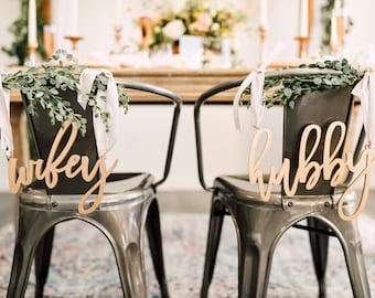 Hubby & Wifey Laser Cut Wood Wedding Chair Signs (Set of TWO) 12" x 7" Wedding Chair Sign, Couples Gift, Sweetheart Table, Trendy Style