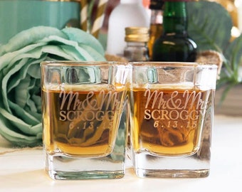 Personalized Couples Wedding Shot Glasses (Set of TWO) Custom Engraved Square Shot Glass, Custom Shot Glass, Custom Wedding Favor Glass