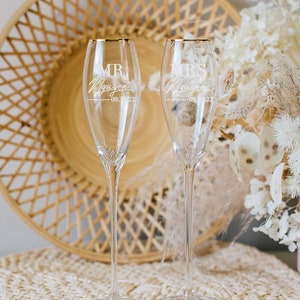 Personalized Gold Rim Toasting Flutes (Set of TWO) Custom Engraved Viski Crystal Champagne Glasses Modern Elegant Bride & Groom Wedding Gift