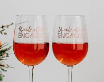 Just Engaged Personalized Wine Glasses (Set of TWO) Engraved Personalized Engagement Wine Glasses, Couples Gift, His and Hers Glass