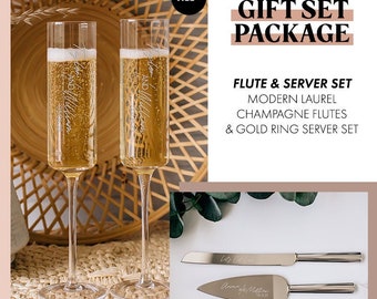 Personalized Gold Ring Knife & Server Set with Laurel Toasting Flutes Set - Custom Engraved Wedding Package