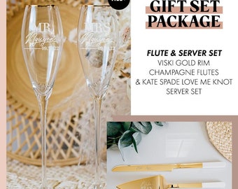 Personalized Kate Spade Love Me Knot Gold Cake Knife & Server Set with Viski Gold Rim Toasting Flutes Set - Custom Engraved Wedding Gift Set