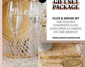 Personalized Kate Spade A Charmed Life Knife & Server Set with Viski Gold Rim Toasting Flutes Set - Custom Engraved Wedding Package