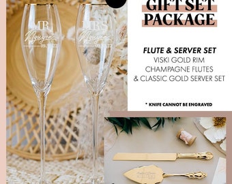 Personalized Classic Gold Cake Knife & Server Set with Viski Gold Rim Toasting Flutes Set Custom Engraved Wedding Server and Champagne Flute