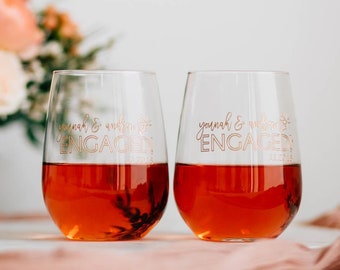 Personalized Engaged Stemless Wine Glasses (Set of TWO) Custom Engraved Couples Wine Glass, Newly Engaged His and Hers Wine Glass