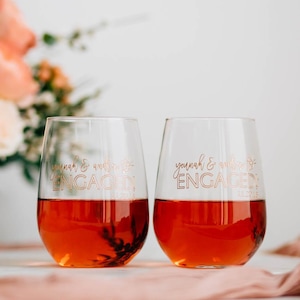 Personalized Engaged Stemless Wine Glasses (Set of TWO) Custom Engraved Couples Wine Glass, Newly Engaged His and Hers Wine Glass