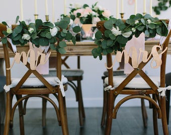 Mr & Mrs Wedding Chair Signs (Set of TWO) 13" x 5" Laser Cut Wood Wedding Chair Sign, Engagement Party, Sweetheart Table -Celebration Style