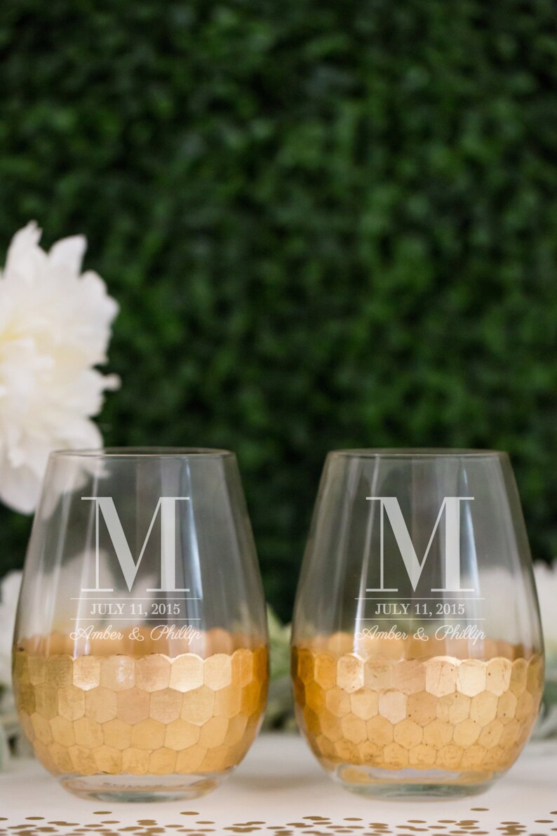 Personalized Gold Leaf Stemless Wine Glass set of TWO Custom Etsy