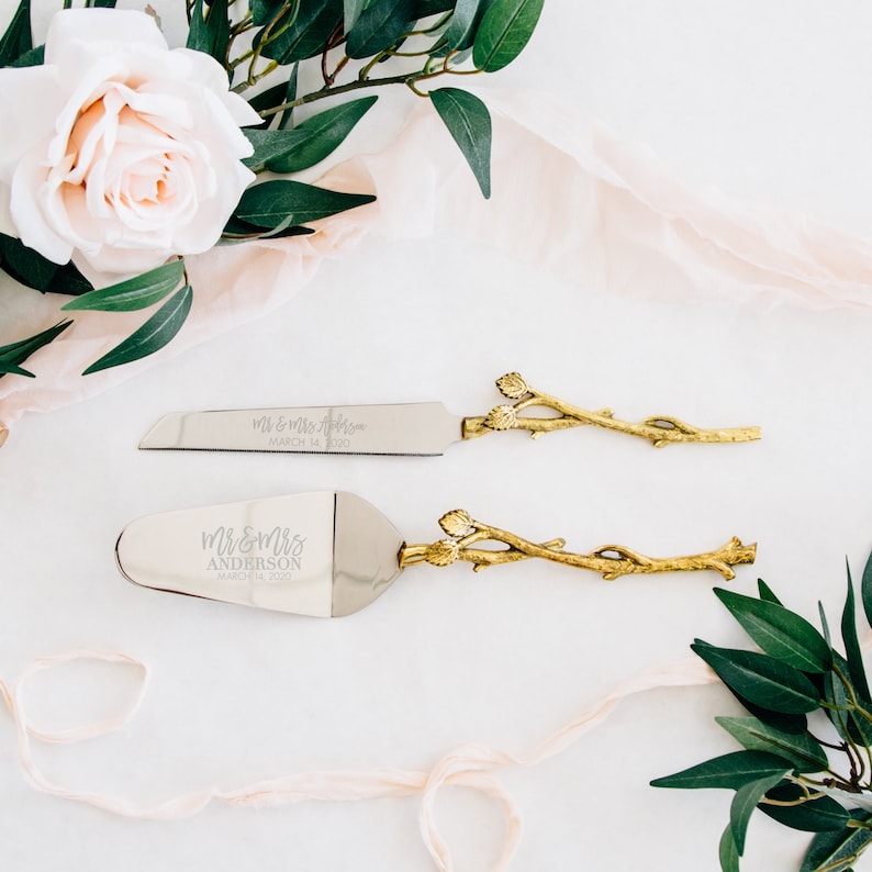 Personalized Wedding Gold Leaf Cake Knife and Server Set Etsy