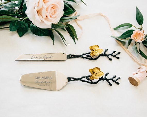  Personalized  Orchid Wedding  Cake  Server and Knife  Set  2 PC 