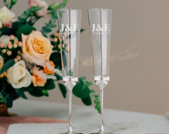 Kate Spade Grace Ave Personalized Wedding Toasting Glasses (Set of TWO) Sandblast Engraved Silver Champagne Flutes, Custom Engagement Gift