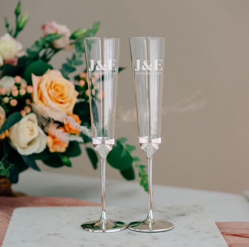 Kate Spade Grace Ave Personalized Wedding Toasting Glasses (Set of TWO) Sandblast Engraved Silver Champagne Flutes, Custom Engagement Gift