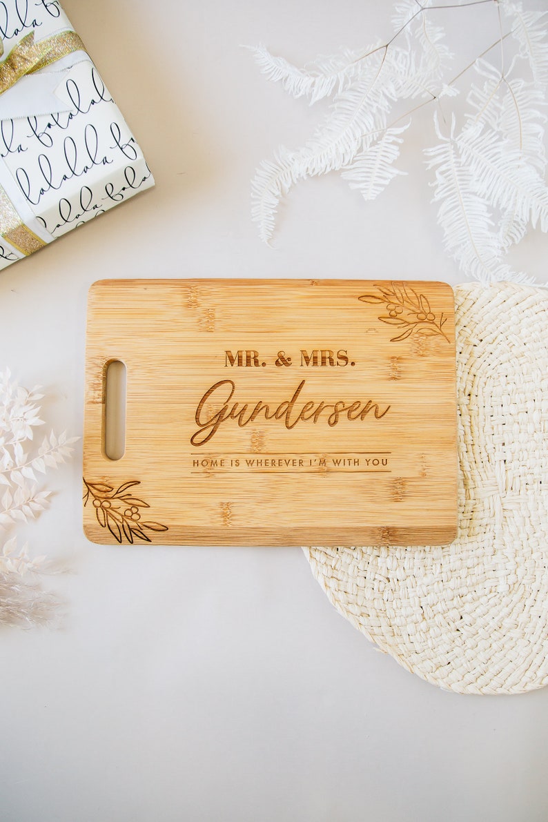 Home Is With You Personalized Cutting Board 14x10 Laser Engraved Bamboo Charcuterie and Cheese Board, Custom Wedding Gift, Engagement Gift afbeelding 1