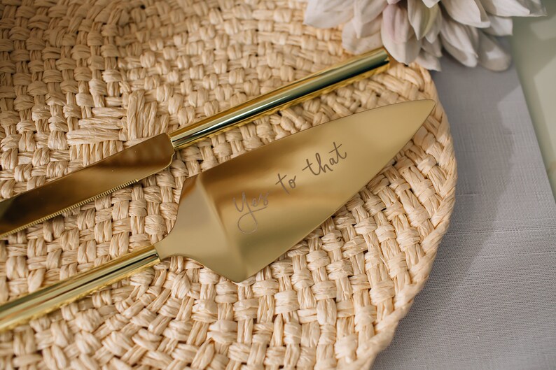 Personalized Kate Spade A Charmed Life Knife & Server Set with Gold Rim Toasting Flutes Set Custom Engraved Wedding Package image 7