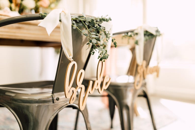 Bride & Groom Wedding Chair Signs (Set of TWO) 12" x 6" Laser Cut Wood Wedding Chair Sign, Couples Gift, Sweetheart Table - Trendy Style