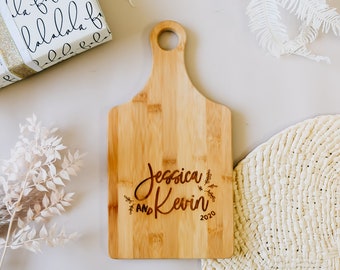 Festive Custom Handled Cutting Board - 13x7 Laser Engraved Bamboo Personalized Cheese Board, Couples Wedding Gift, 2020 First Christmas Gift