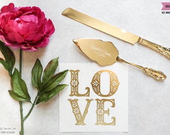 Personalized Gold Wedding Cake Knife and Server Set (2pc) Custom Engraved Classic Gold Cake Serving Set, Personalized Wedding Gift