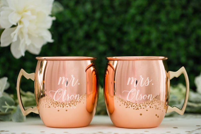 Personalized Moscow Mule Copper Mugs Wedding Gift Set of TWO Engraved Round Custom Copper Mug, Engagement Gift, Cocktail Glass, Home Bar image 1