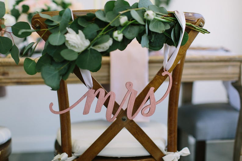 Mr & Mrs Wedding Chair Signs Set of TWO 12 x 5 Wood Sweetheart Table Sign, Engagement Party Event, Anniversary Decor, Feminine Design image 5