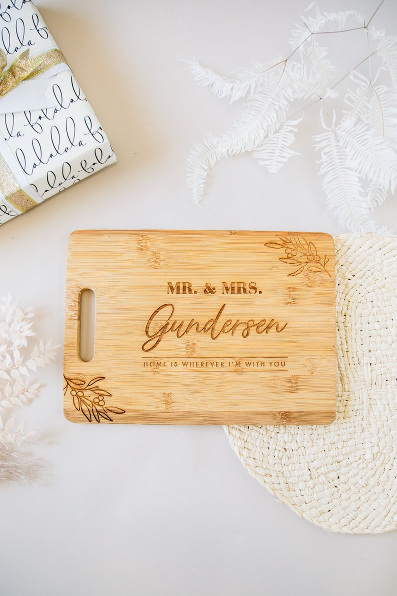 Home Is With You Personalized Cutting Board 14x10 Laser Engraved Bamboo Charcuterie and Cheese Board, Custom Wedding Gift, Engagement Gift image 2