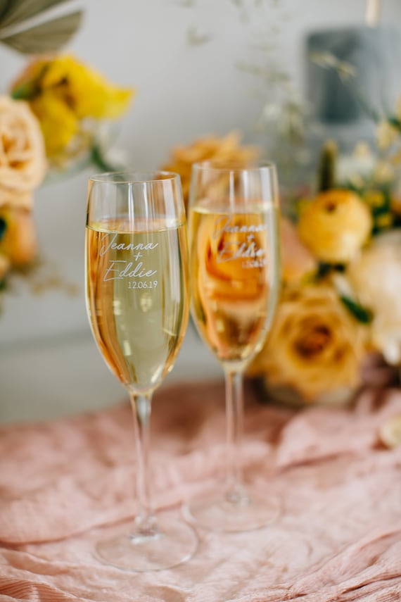 Set of Two Goblets by Sparkling with Personalized Laser Engraving Wedding 