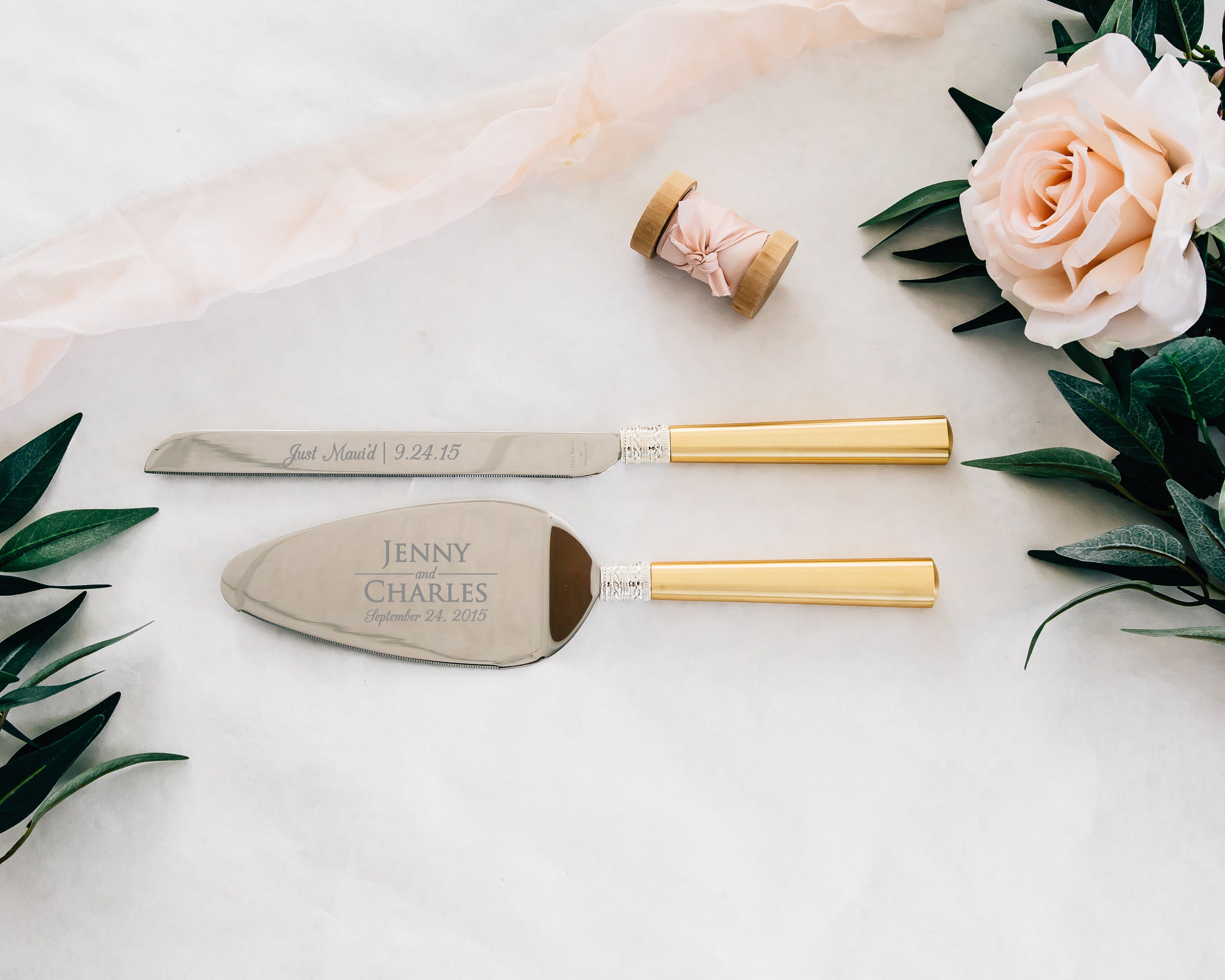 Personalized Vera Wang With Love Gold Wedding Cake Knife and Server Set