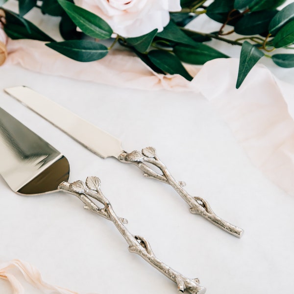 Silver Leaf Cake Knife and Server SET - No Engraving, Rustic Wedding Cake Knife and Server Set, Cake Cutting Ceremony Wedding Set