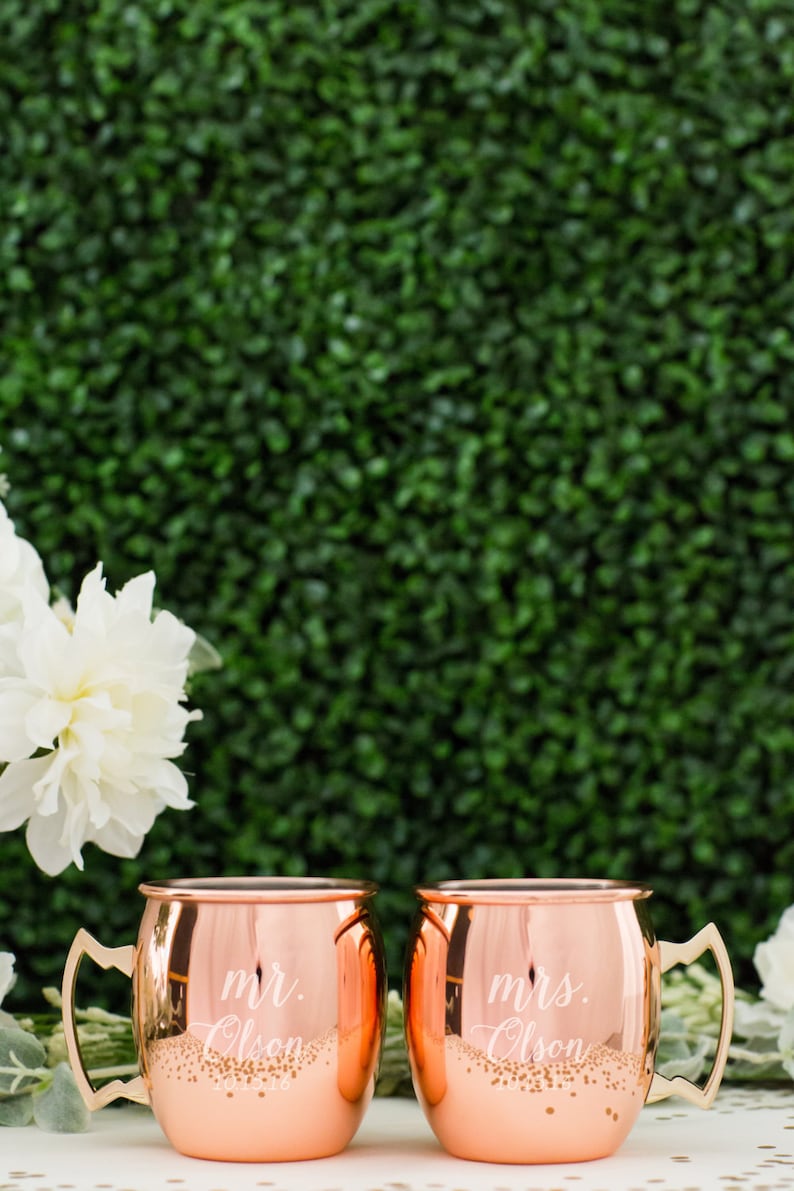 Personalized Moscow Mule Copper Mugs Wedding Gift Set of TWO Engraved Round Custom Copper Mug, Engagement Gift, Cocktail Glass, Home Bar image 3