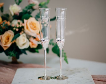 Personalized Vera Wang Love Knots Silver Champagne Glasses (Set of TWO) Custom Engraved Wedding Toasting Flutes, Custom Wedding Glasses