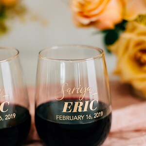 Personalized Couples Wedding Stemless Wine Glasses Set of TWO Custom Engraved Wine Glasses, Personalized Anniversary Gift, Engagement Gift H4