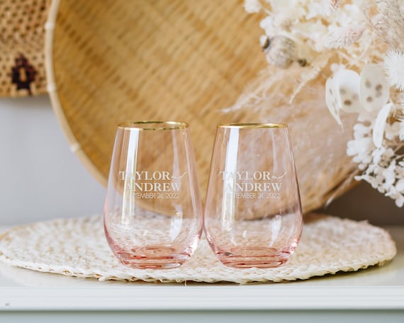 Personalized Gold Rim Rose Tinted Stemless Wine Glasses set of TWO