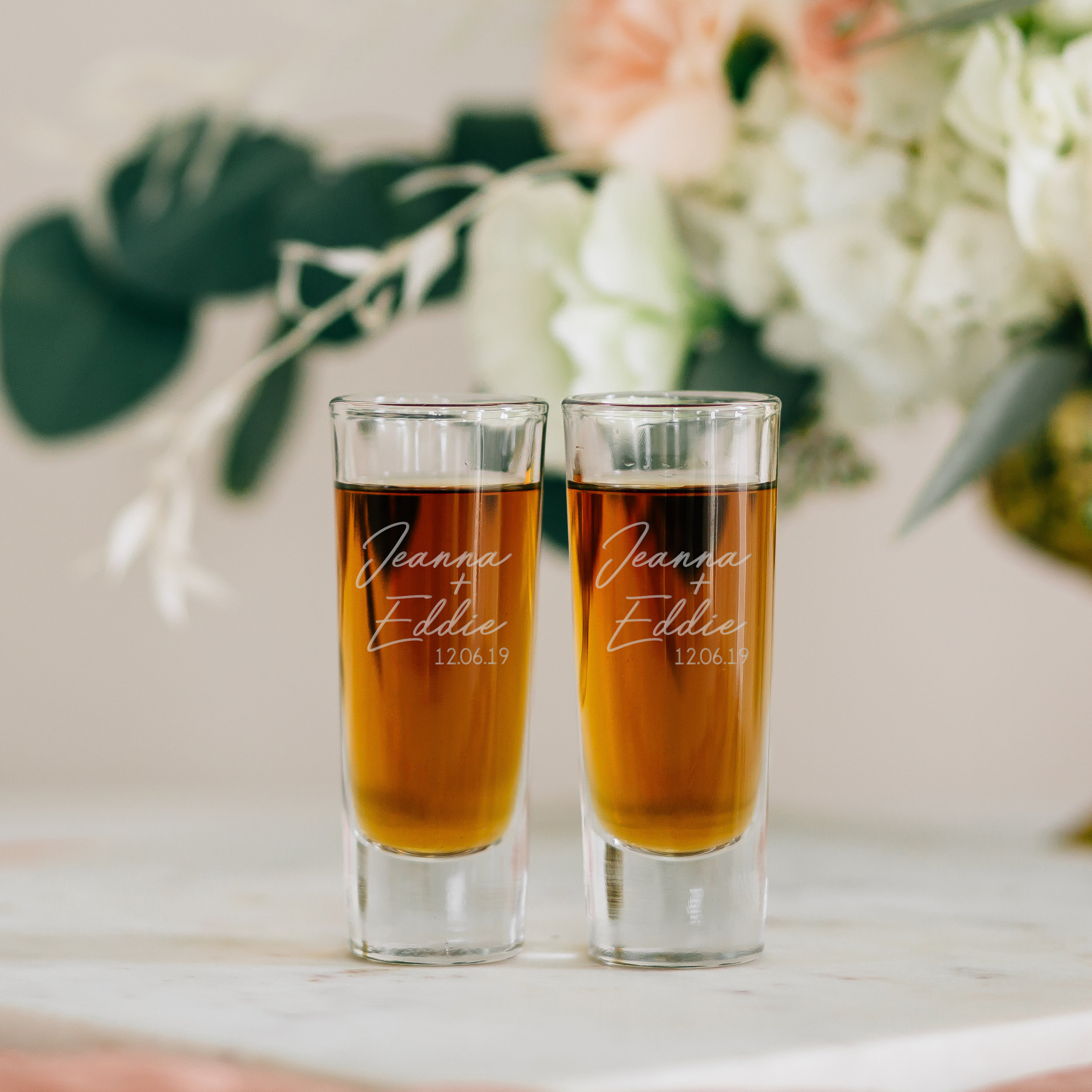 and Engagement Bride Groom Couple Shot Glasses with Gold Foil Print for Newlyweds Bridal Shower Party Shot Glasses 2 oz Each Anniversary Set of 2 