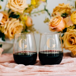 Personalized Couples Wedding Stemless Wine Glasses Set of TWO Custom Engraved Wine Glasses, Personalized Anniversary Gift, Engagement Gift image 5