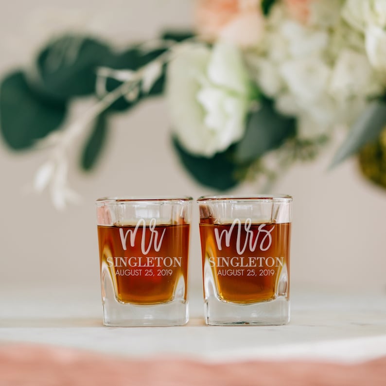 Set of TWO Couples Engagement Gift Wedding Favor Bridal Party Favor Pair Custom Square Shot Glass Personalized Wedding Shot Glasses