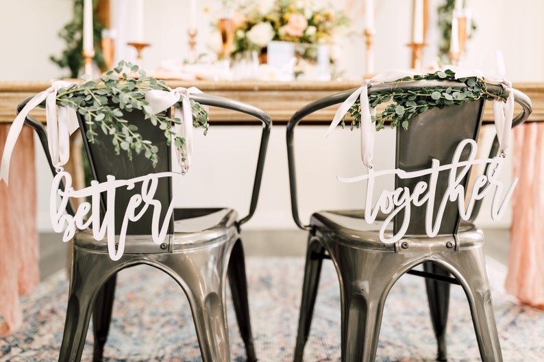 Better Together Wedding Chair Signs Set of TWO 12 x 7 Laser Cut Acrylic Wedding Chair Sign, Sweetheart Table Decor, Trendy Style image 3