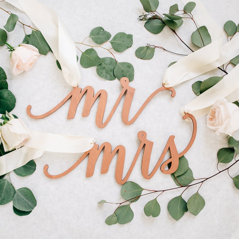 Mr & Mrs Wedding Chair Signs Set of TWO 12 x 5 Wood Sweetheart Table Sign, Engagement Party Event, Anniversary Decor, Feminine Design image 1