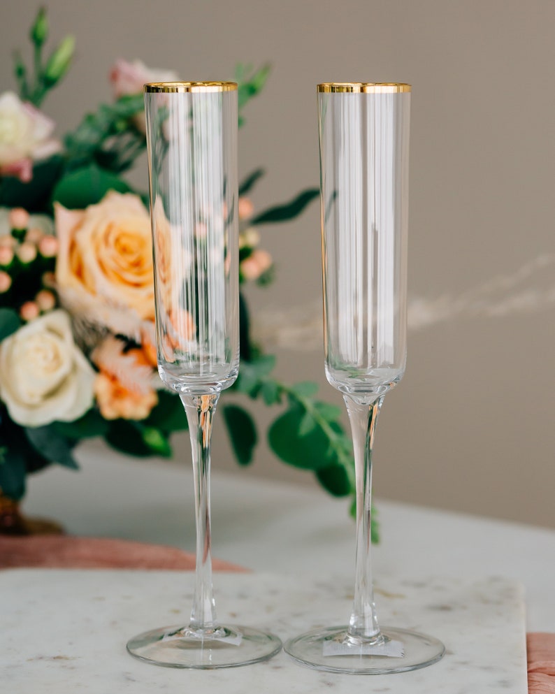 Personalized Gold Rim Custom Wedding Toasting Glasses Set of TWO Pair Engraved Zodax Tall Champagne Flutes, Engagement, Anniversary Gift image 4